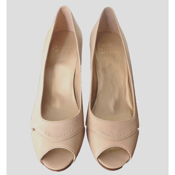 Stuart Weitzman Peep-Toe Pumps Beige Heels Sz 8  Concealed Platform Neutral - Picture 1 of 9